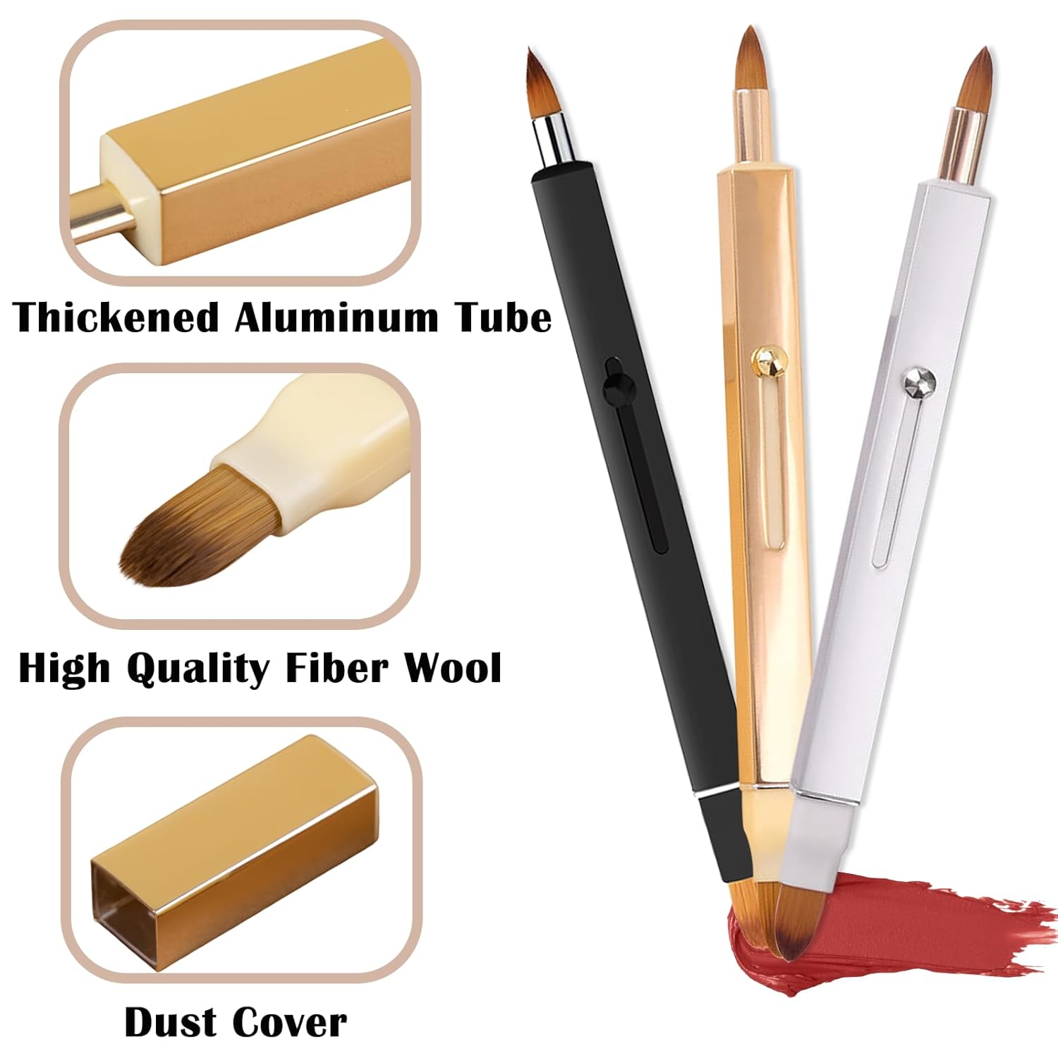 3 Pack Lip Brush for Lipstick Makeup Brushes Double-Ended Retractable Lip Brush with Cap Dustproof for Lipstick Gloss Creams Portable with Cap(Black + Gold + Silver)