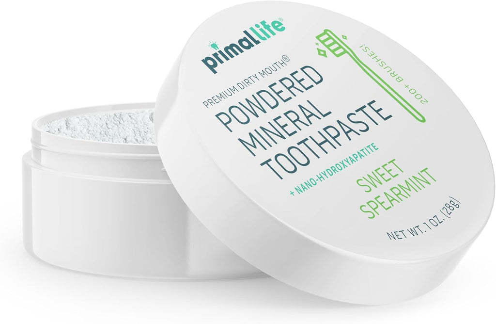 Primal Life Organics - Dirty Mouth Toothpowder, Tooth Cleaning Powder, Flavored Essential Oils with Natural Kaolin & Bentonite Clay, Good for 200+ Brushings, Organic, Vegan (Sweet Spearmint, 1 oz)