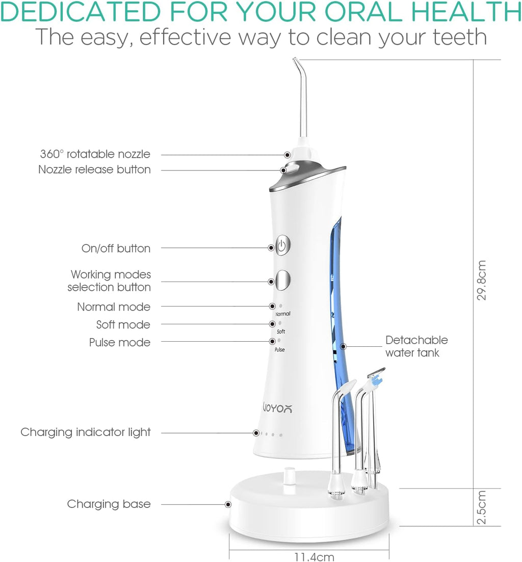 VOYOR-HEALTH Water Dental Flosser for Teeth Cordless, Portable Oral Irrigator with 3 Modes 4 Tips, IPX7 Waterproof Rechargeable Electric Flosser for Teeth Deep Cleaning for Travel Home WF300 (Blue)