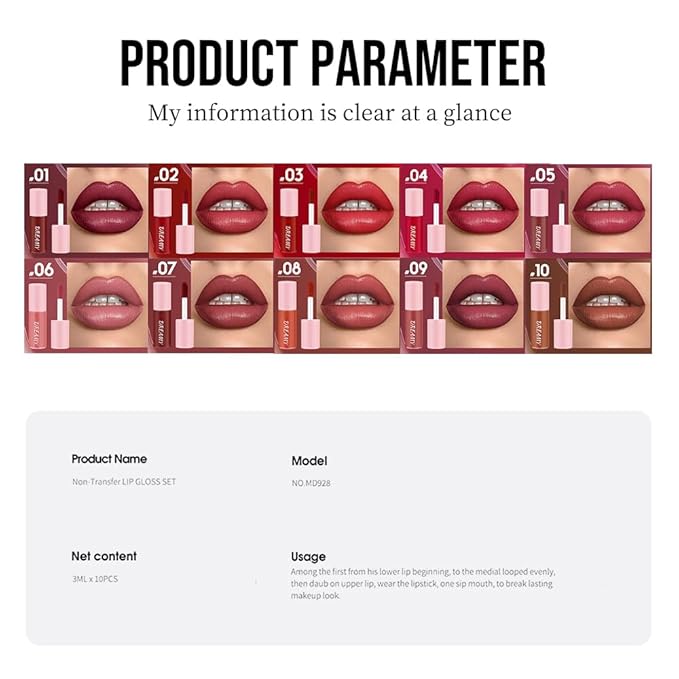 Matte Lip Stain – High Pigment Non-Transfer Matte Liquid Lipstick, Long-Lasting Waterproof Smudge-Proof Lip Color, Lightweight Comfortable Velvet Finish Lip Tint 01#（10PCS）