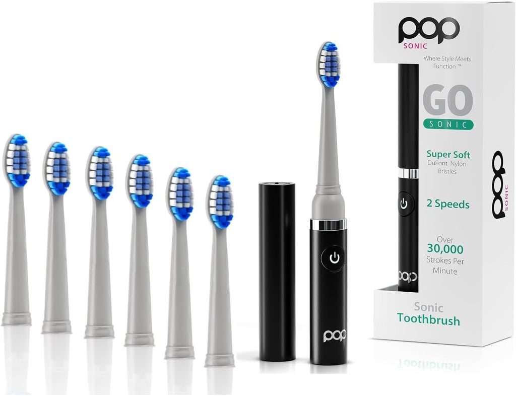 Pop Sonic Electric Toothbrush (Black + 6 Brush Heads) - Travel Toothbrushes w/AAA Battery | Kids Electric Toothbrushes with 2 Speed & 15,000-30,000 Strokes/Minute, Dupont Nylon Bristles