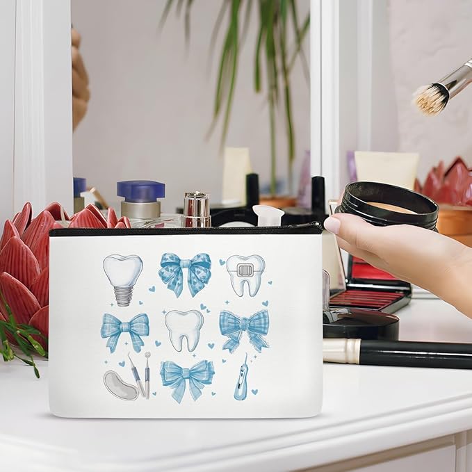 Dental Hygienist Makeup Bag, Dental Gifts for Women, Dental Assistant Cosmetic Pouch, Waterproof Linen Dental Hygiene Gifts, Dentist Appreciation Travel Organizer Bag