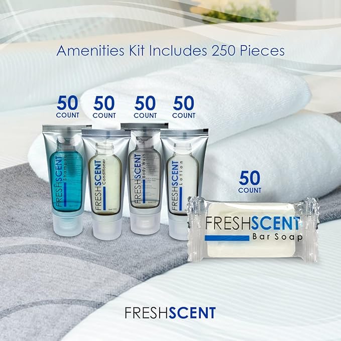 Freshscent Hotel Collection 250 Piece Set. Travel Size Amenities Bulk Toiletries Kit of 50 Each 1oz tubes Shampoo, Conditioner, Body Wash and Lotion. 50 Bars 1oz Soap