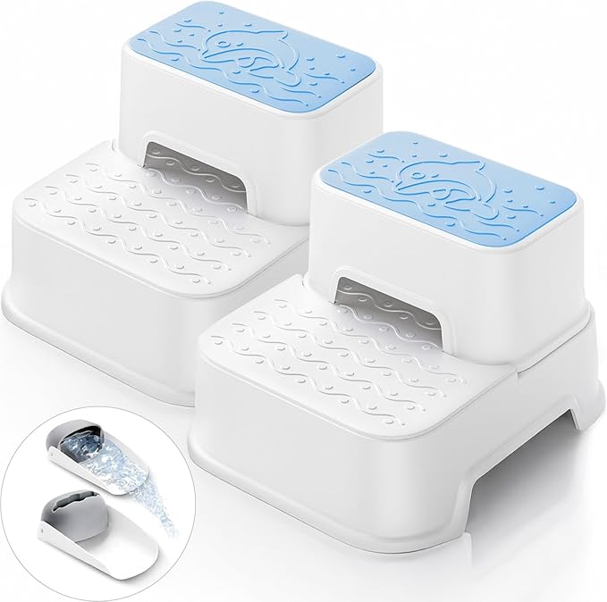 2-Step Stool for Kids - Toddler Anti-Slip Step Stool for Bathroom Sink/Toilet Potty Training/Kitchen Counter, 10" Height, 220 lbs Capacity, Durable & Stable (2Packs Blue)