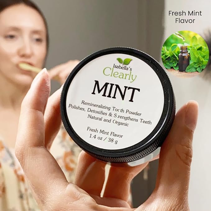 Isabella’s Clearly Mint Remineralizing Tooth Powder | Teeth Whitening Natural Fluoride Free Toothpaste for Adults, Kids, Sensitive Teeth and Gums | Xylitol, Baking Soda, Clay, Calcium (Mint Flavor)