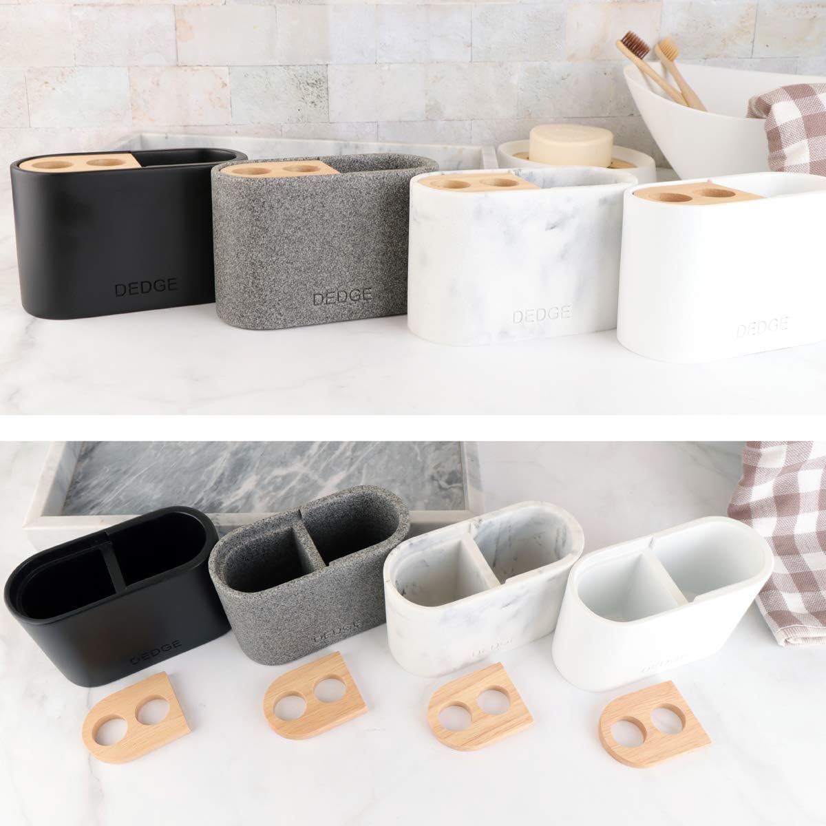 Dedge 3 Slots Bamboo Toothbrush Holder Electric Toothbrush Holder and Toothpaste Holder for Bathroom Countertop Accessories Storage,Toothbrush Holders for Bathrooms, Black Sandstone Style Organizer