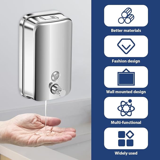 1000ml Commercial Soap Dispenser Wall Mount, Stainless Steel Hand Soap Dispenser for Bathrooms, Refillable Hand Sanitizer Dispenser for Home, Hotels, Restaurants, Hospitals (Silver)