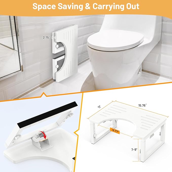 Bamboo Toilet Stool Foldable White, 7 in, 8 in Or 9 in Adjustable Height Pooping Stool Potty for Adults Kids, Sturdy Poop Step Stool for Bathroom, Non-Slip, Improve Squatting Posture, 500 lbs Capacity