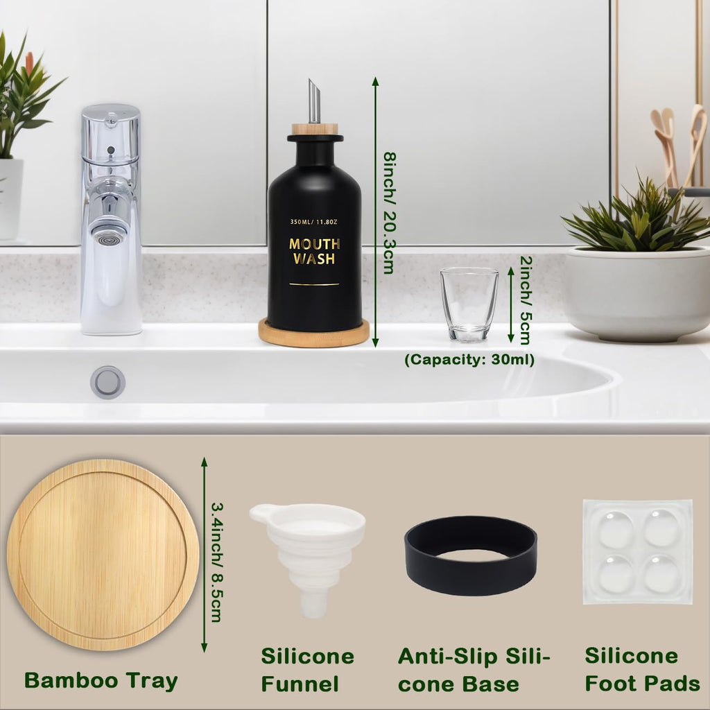 Mouthwash Dispenser for Bathroom 11.8oz – Glass Mouthwash Bottle with Cup & Bamboo Tray, Gold Hot-Stamped Lettering, Silicone Base, Modern Bathroom Accessory (Black)
