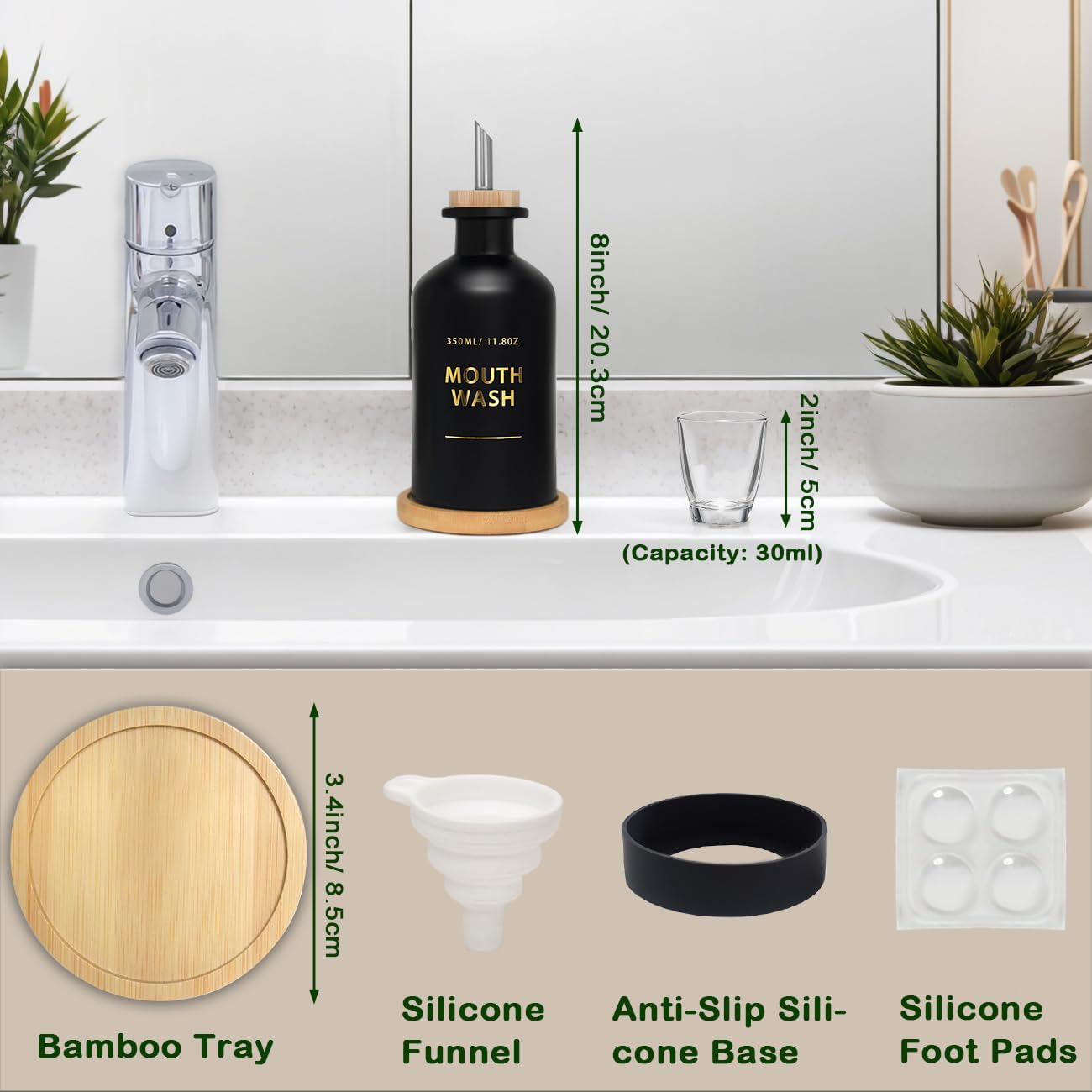 Mouthwash Dispenser for Bathroom 11.8oz – Glass Mouthwash Bottle with Cup & Bamboo Tray, Gold Hot-Stamped Lettering, Silicone Base, Modern Bathroom Accessory (Black)