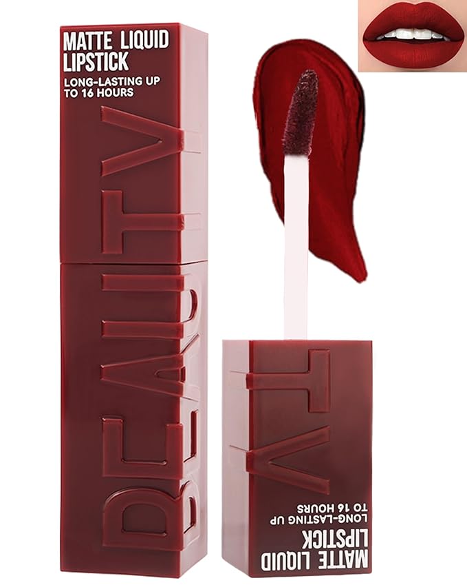 Matte Liquid Lipstick for Women- 1Pcs Highly Pigmented Color Lip Stain Tint, Super Velvet Matte Lip Gloss, Up to 16H Wear, Long Lasting Waterproof Smudgeproof, Non-Stick Cup Lip Makeup-06# Wine Red