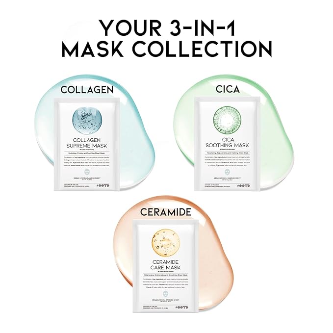 #OOTD Hydrating Soothing Sheet Masks Gift Set for Skincare, Korean Vegan Sheet Mask for Dry, Sensitive Skin, Calming, Smoothing, Brightening, Collagen, Ceramide, Cica, Hyaluronic Acid 30EA