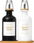 11.8OZ Mouthwash Dispenser for Bathroom with Bamboo & Stainless Steel Pour Spout, Mouthwash Cups Reusable, Bamboo Tray, and Elegant Gold Label. Set of 2（Black/White