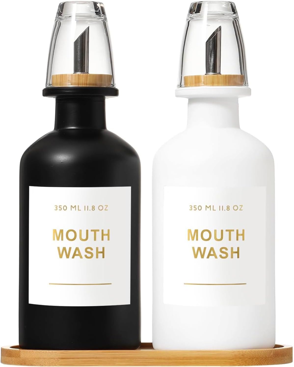 11.8OZ Mouthwash Dispenser for Bathroom with Bamboo & Stainless Steel Pour Spout, Mouthwash Cups Reusable, Bamboo Tray, and Elegant Gold Label. Set of 2（Black/White