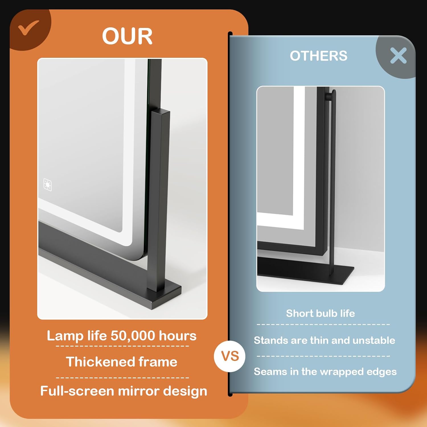 Makeup Vanity Mirror with Lights 15.2" Large LED Lighted Mirror, Hollywood Make Up Mirror with Lighting for Bedroom Tabletop, Smart Touch, Detachable 10X Magnification 360° Rotation, (Black)