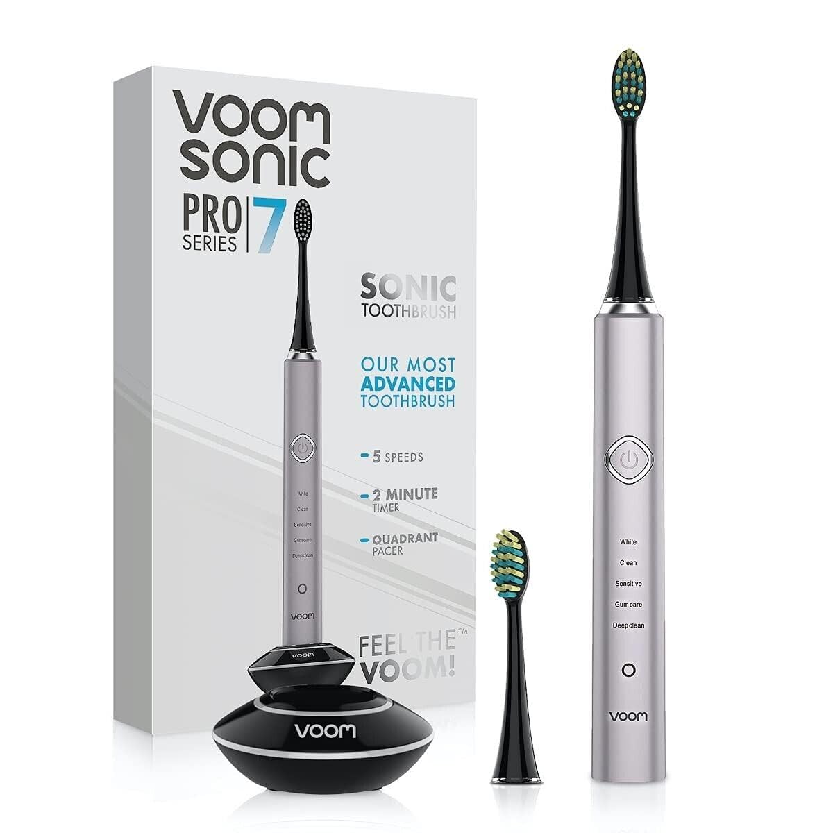 Voom Sonic Pro 7 Rechargeable Electronic Toothbrush + Pro 7 Series Replacement Brush Heads - 2-Minute Timer with Quadrant Pacing & 5 Adjustable Speeds,Soft Dupont Nylon Bristles Oral Care - Sliver