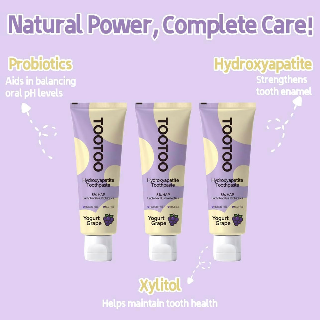 TooToo Kids Hydroxyapatite Toothpaste with Xylitol, Fluoride Free and SLS Free Toddler Natural Toothpaste, Yogurt Grape Flavor, Safe Kids Oral Care(Pack of 1)