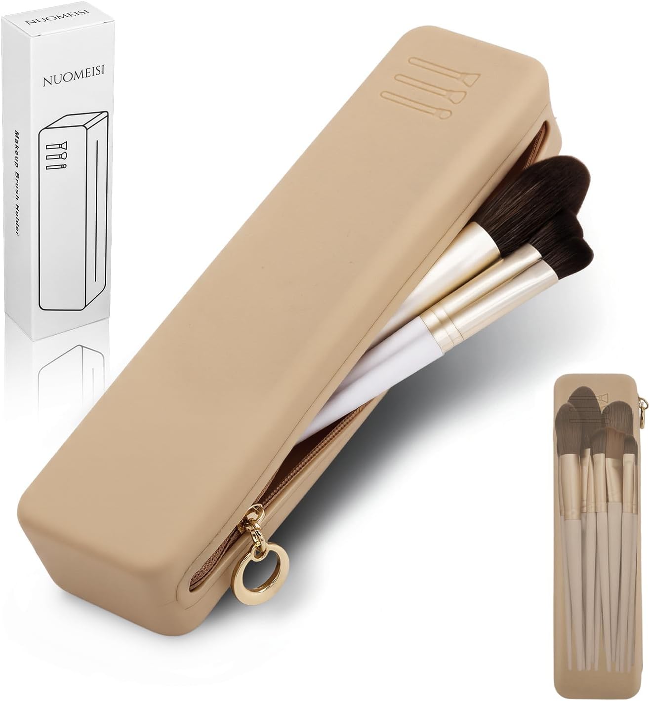 Nuomeisi Silicone Makeup Brush Holder Travel Cosmetic Bag: Soft Portable Cosmetic Face Brushes Organiser with Upgrade Anti-Fall Off Zipper, Large Capacity Travel Makeup Brush Case - Khaki