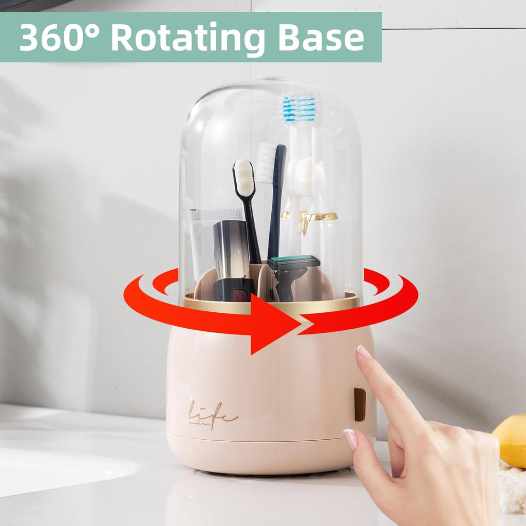 Toothbrush Holders for Bathrooms, Rotating 7 Slots Electric Toothbrush Holders with Cover, Countertop Toothpaste Organizers (Pink)