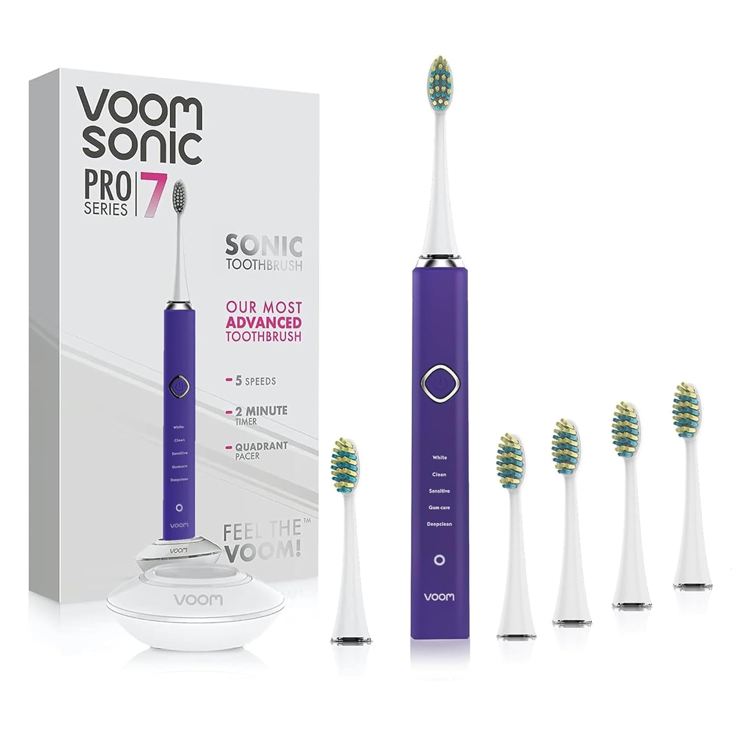 Voom Sonic Pro 7 Rechargeable Electronic Toothbrush + Pro 7 Series Replacement Brush Heads - 2-Minute Timer with Quadrant Pacing & 5 Adjustable Speeds,Soft Dupont Nylon Bristles Oral Care - Purple