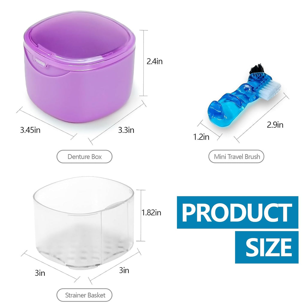 Purple Denture Cup Denture Bath Box Case with Lid Leakproof, Denture Holder Case Retainer Cleaning Container Mouth Guard Cleaner Case for Household, Travel, Office