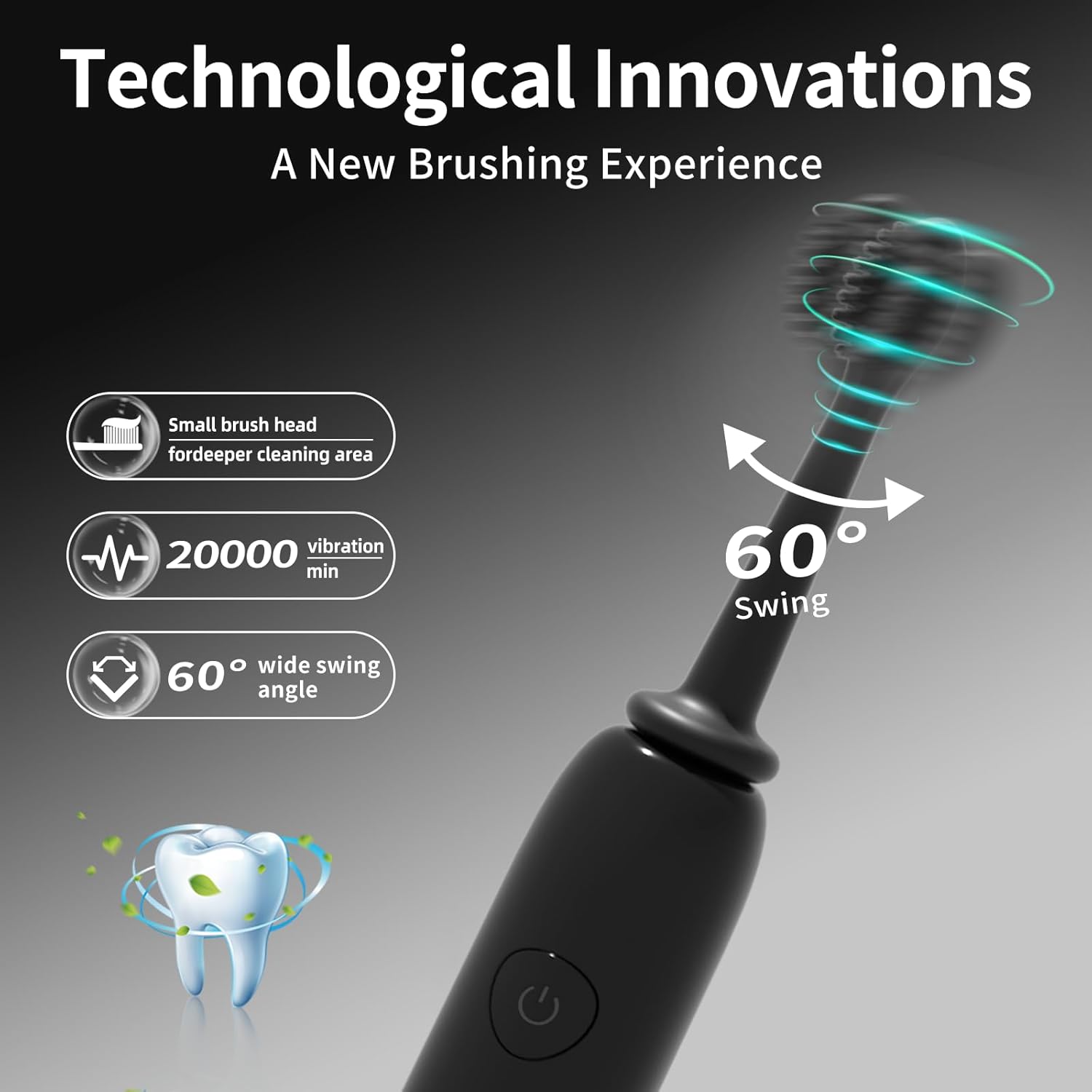 Rooman Oscillation&Vibration Sonic Electric Toothbrush for Adults, with 8 Brush Heads for Travel & Teeth Care, 20000 VPM, 3 Cleaning Modes, 2-Minute Timer, IPX7 Waterproof (Black)