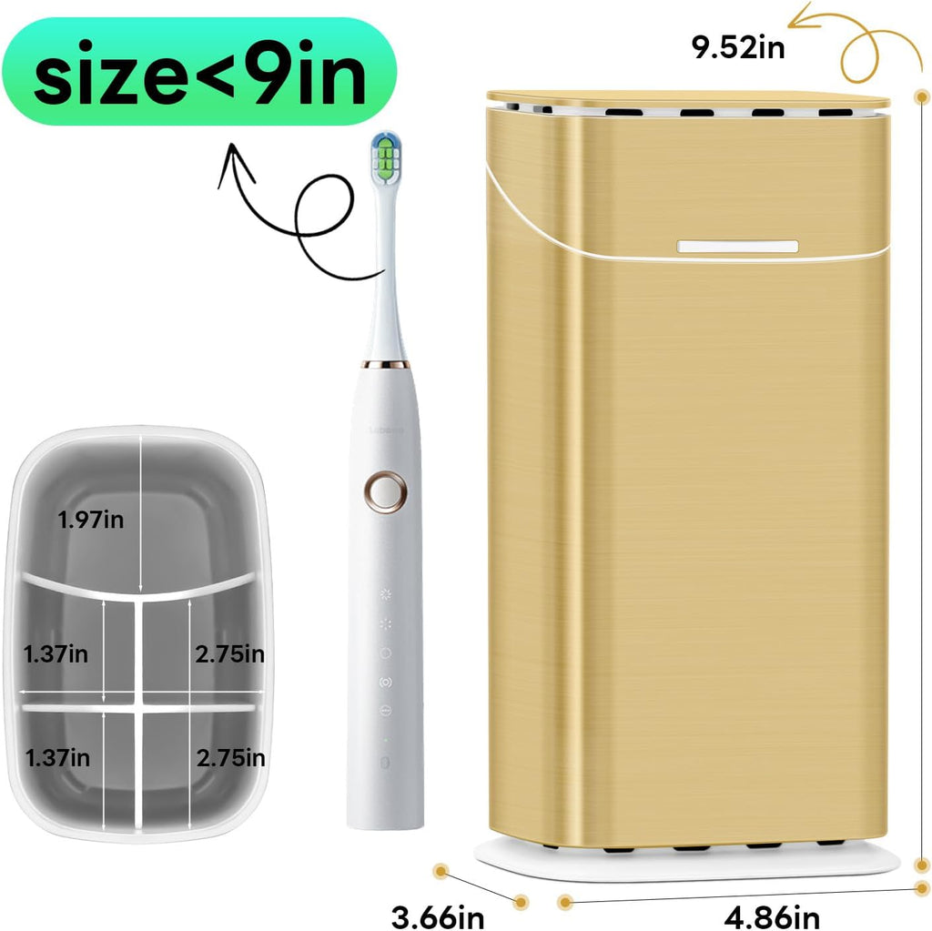 Toothbrush Holders with Cover - Electric Toothbrush Length Less Than 9 inches, 5 Slots Tooth Brush Holder for Bathroom, Detachable Toothpaste Holder Bathroom Organizers with Drainage, Gold