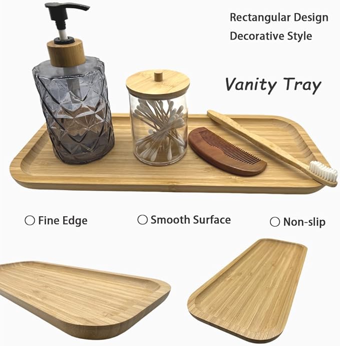 Wood Vanity Tray, Bathroom Counter Solid Bamboo Organizer, Toilet Tank Top Wooden Serving Plate for Dinner Tea Coffee (Natural Bamboo Color, 14 x 5.9 inch)