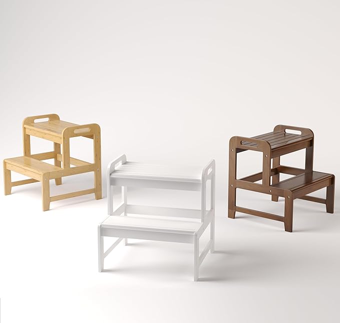 Step Stool for Kids Bamboo Toddler Two Steps Stool with Anti-Slip and Handles Stairs 300 lbs Capacity for Bathroom Kitchen Bedroom(Brown)