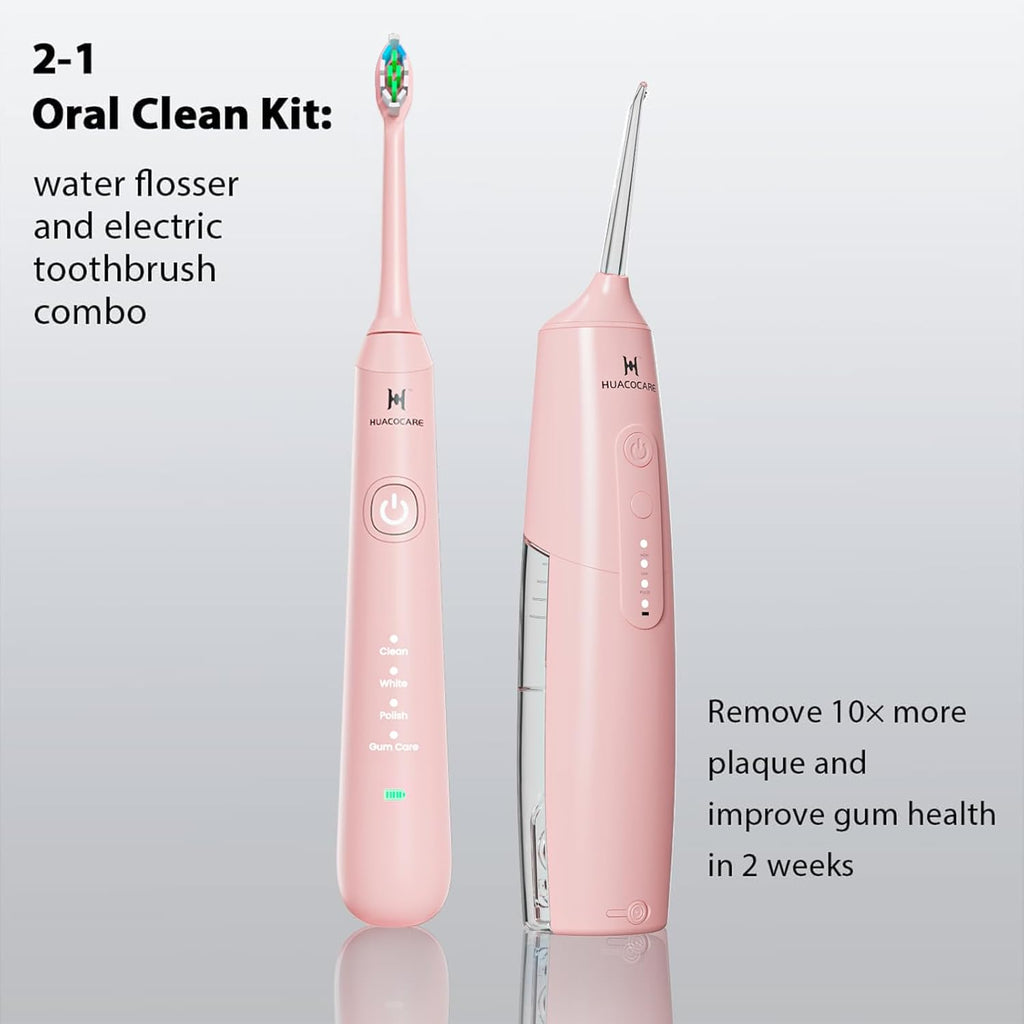 2-1 Oral Clean Kit- Water Dental flosser & Electric Toothbrush Combo- Brushing & Flossing- for Teeth Cleaning and Gum Health (Pink)