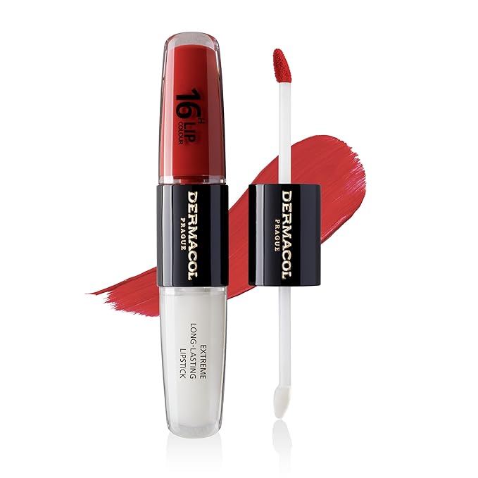 Dermacol NEW 16-Hour Lip Colour, Highly Pigmented Glossy Lip Stain, Two-Phase Lip Plumper Gloss, Kissproof Lip Makeup Products with Matte and Glitter Finish, n. 34