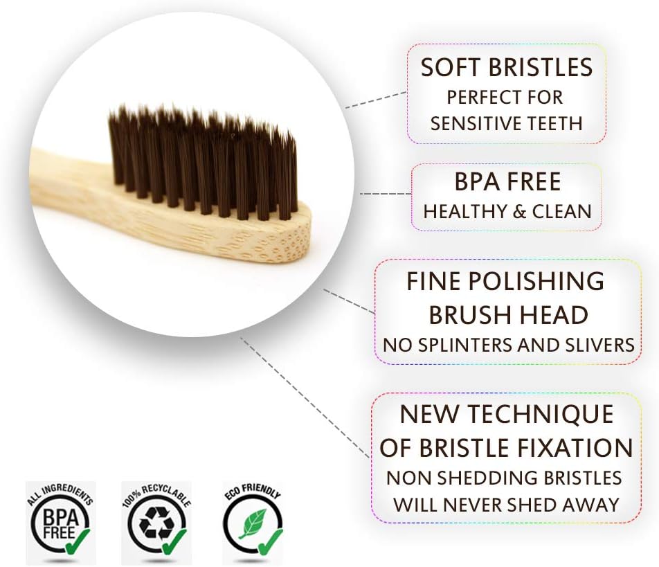 Virgin Forest Bamboo Toothbrushes, Eco-Friendly Soft Bristles Toothbrush, Biodegradable Wood Toothbrush Set of 6