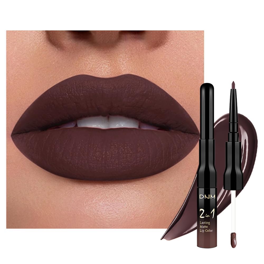 1Pcs 2 in 1 Deep Brown Matte Lip Liner and Liquid Lipstick Stain Makeup Set for women, Brown Long Lasting Smudge Proof Lip Tint Matte Finish Lip Gloss for All-Day Color Hold Easy to Use 04#