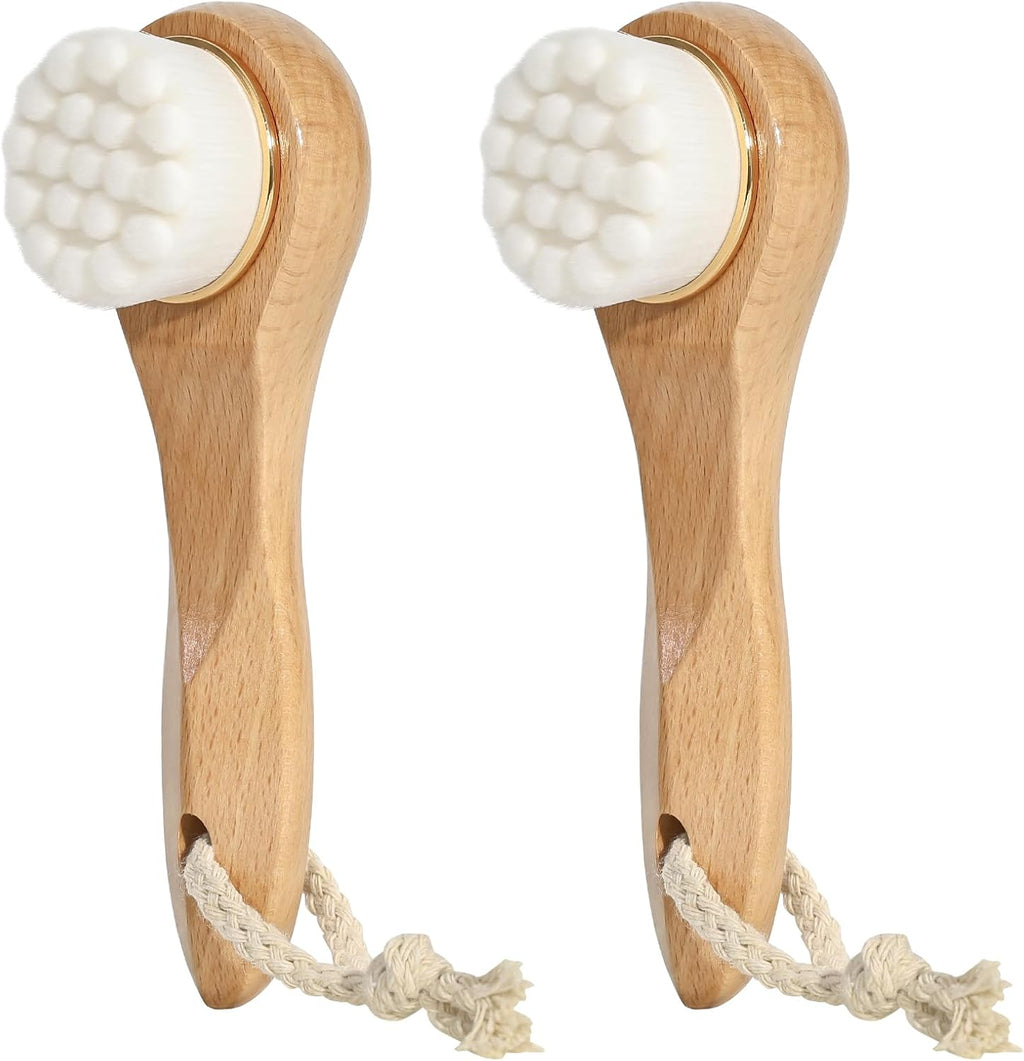 2 Pcs Face Scrubber with Wooden Handle, Facial Cleansing Brushes Face Wash Brush for Deep Pore Cleansing and Exfoliating, Ultra Soft Bristles Manual Dry Brush for Face Care，White
