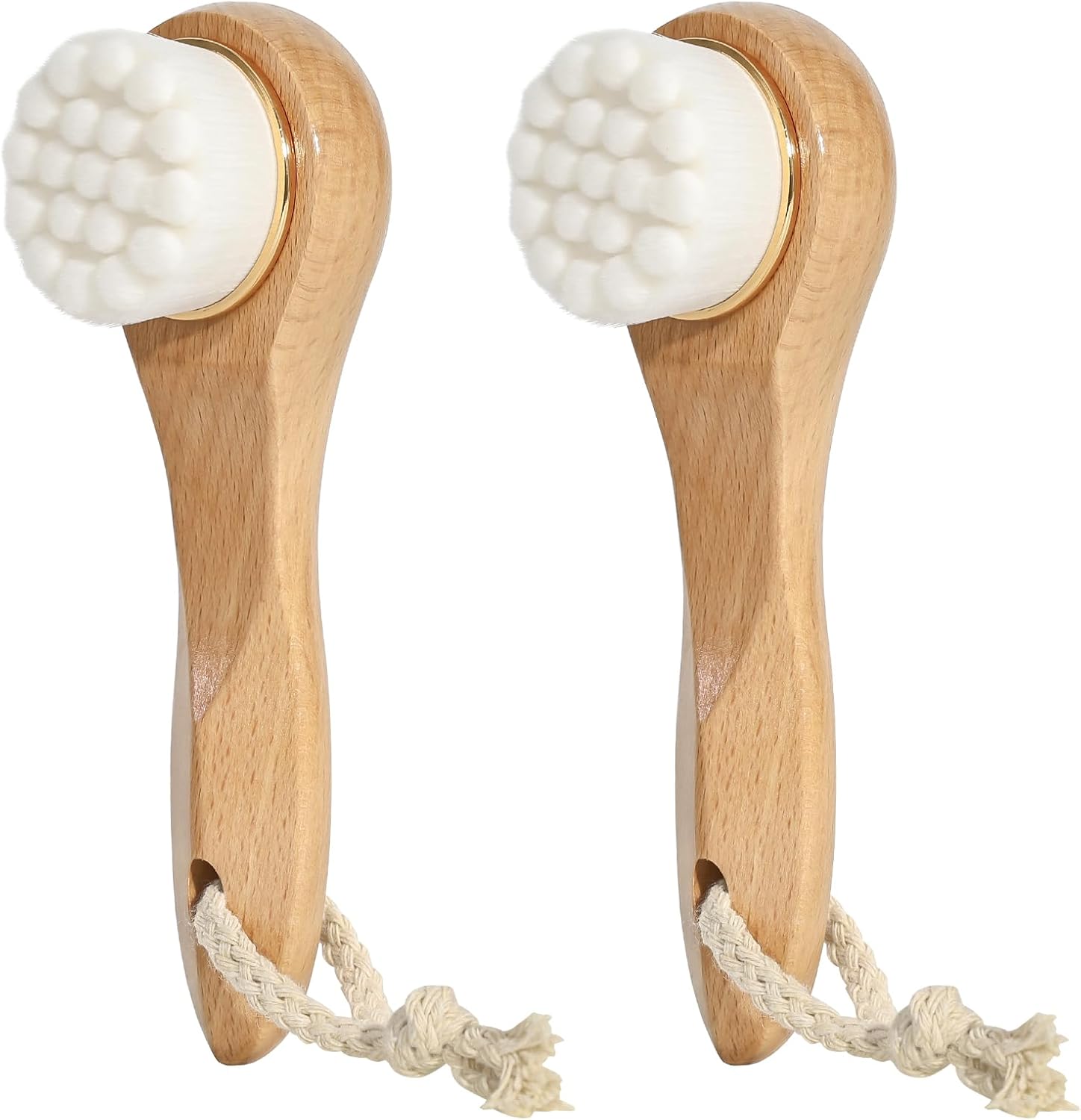 2 Pcs Face Scrubber with Wooden Handle, Facial Cleansing Brushes Face Wash Brush for Deep Pore Cleansing and Exfoliating, Ultra Soft Bristles Manual Dry Brush for Face Care，White