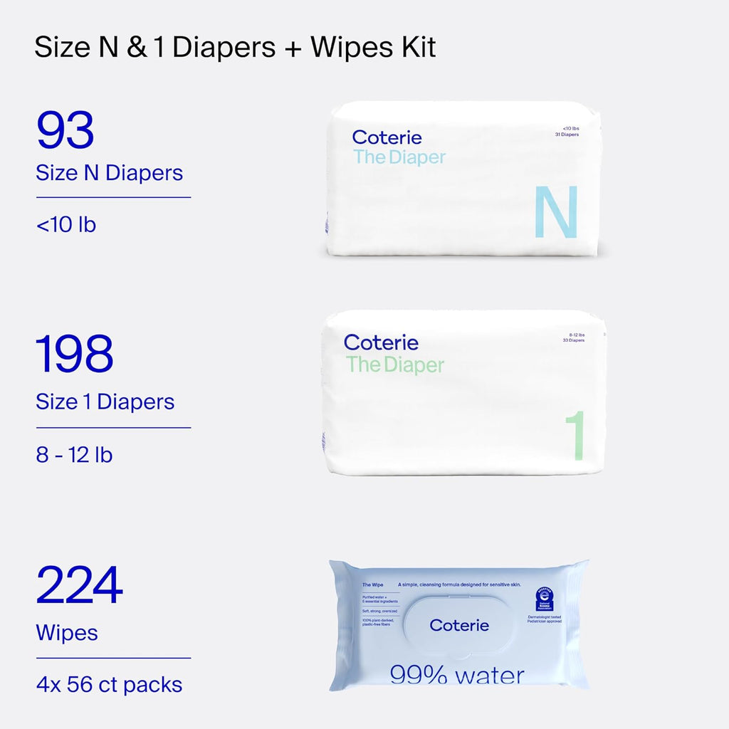 Coterie Baby Wipes + Diapers Kit, Size 1 (198 Count) & Size Newborn Diapers (93 Count), 4 Pack (224) Wipes with 99% Water, Plant Based Materials, Hypoallergenic for Sensitive Skin, Baby Essentials