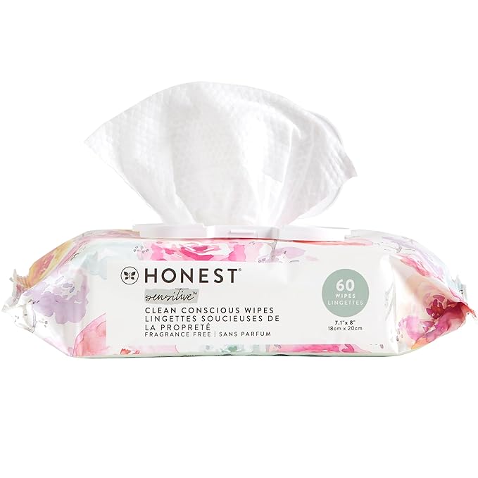 The Honest Company Clean Conscious Multi-Use Wipes Hypoallergenic and Unscented for Sensitive Baby Skin Over 99% Water Compostable Plant Based Rose Blossom 60 Count