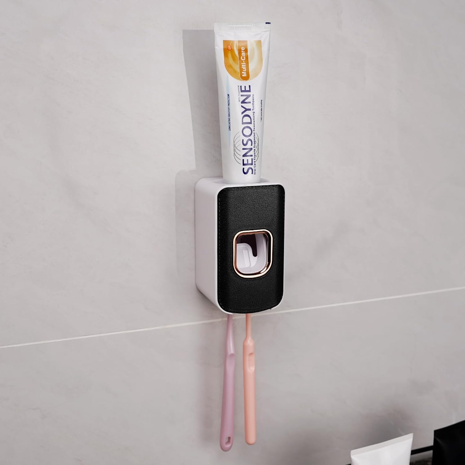2 Slot Toothbrush Holder and Toothpaste Dispenser Wall Mounted, Automatic Toothpaste Squeezer, 2 in 1 Tooth Brush Toothpaste Organizer for Shower (Black 2Pack)