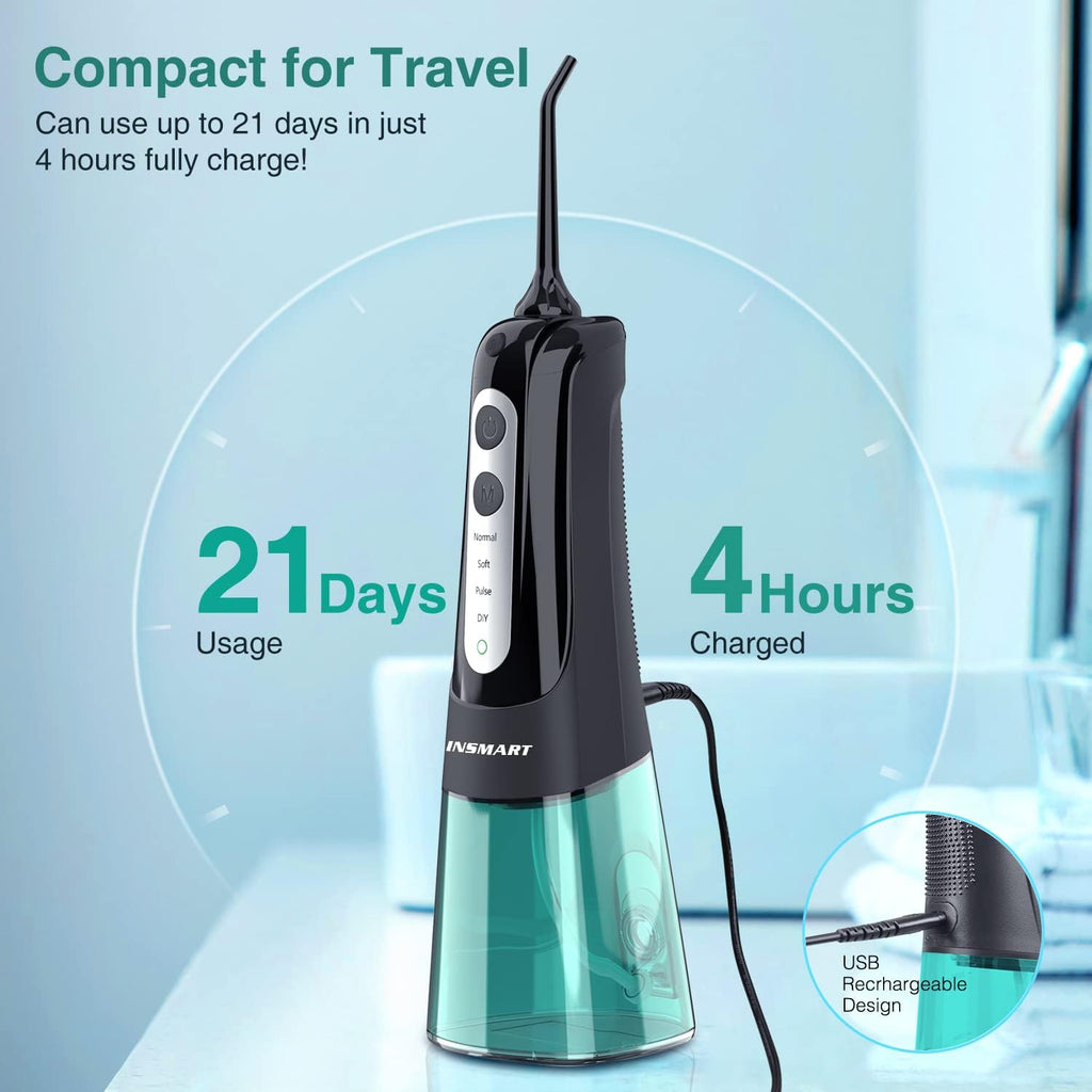 Cordless Water Dental Flosser Teeth Cleaner with Tips Case, INSMART Professional 300ML Tank DIY Mode USB Rechargeable Oral Irrigator for Home and Travel, IPX7 Waterproof 4 Modes Irrigate for Oral Care