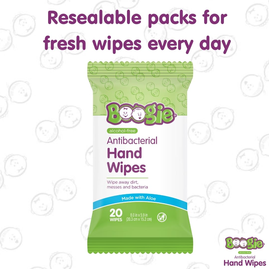 Boogie Antibacterial Hand Wipes by Boogie, Alcohol Free, Hypoallergenic and Moisturizing Aloe, for Kids and Adults -100 Total Wipes (5 Packs of 20)