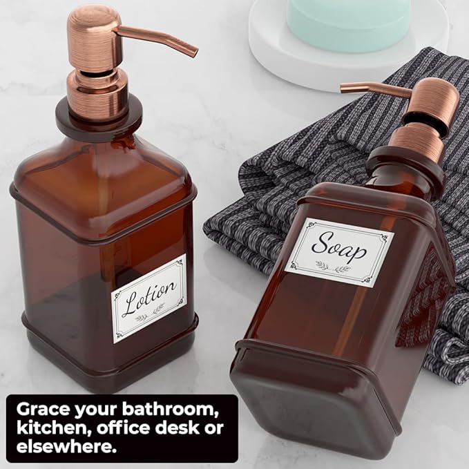 GLADPURE Soap Dispenser 2 Pack, Hand Soap Dispensers with 18 Oz Antique Design Thick Amber Glass Bottle, 316 Rust Proof Stainless Steel Pump, 6Pcs Stickers, for Lotion, Soap - Brushed Copper