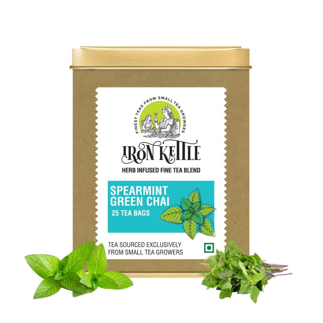 Iron Kettle Spearmint Green Tea | High Grown Green Tea bag blended with natural Spearmint & Peppermint leaves | Sourced exclusively from small tea growers with higher fine leaf count | 25 Tea bags