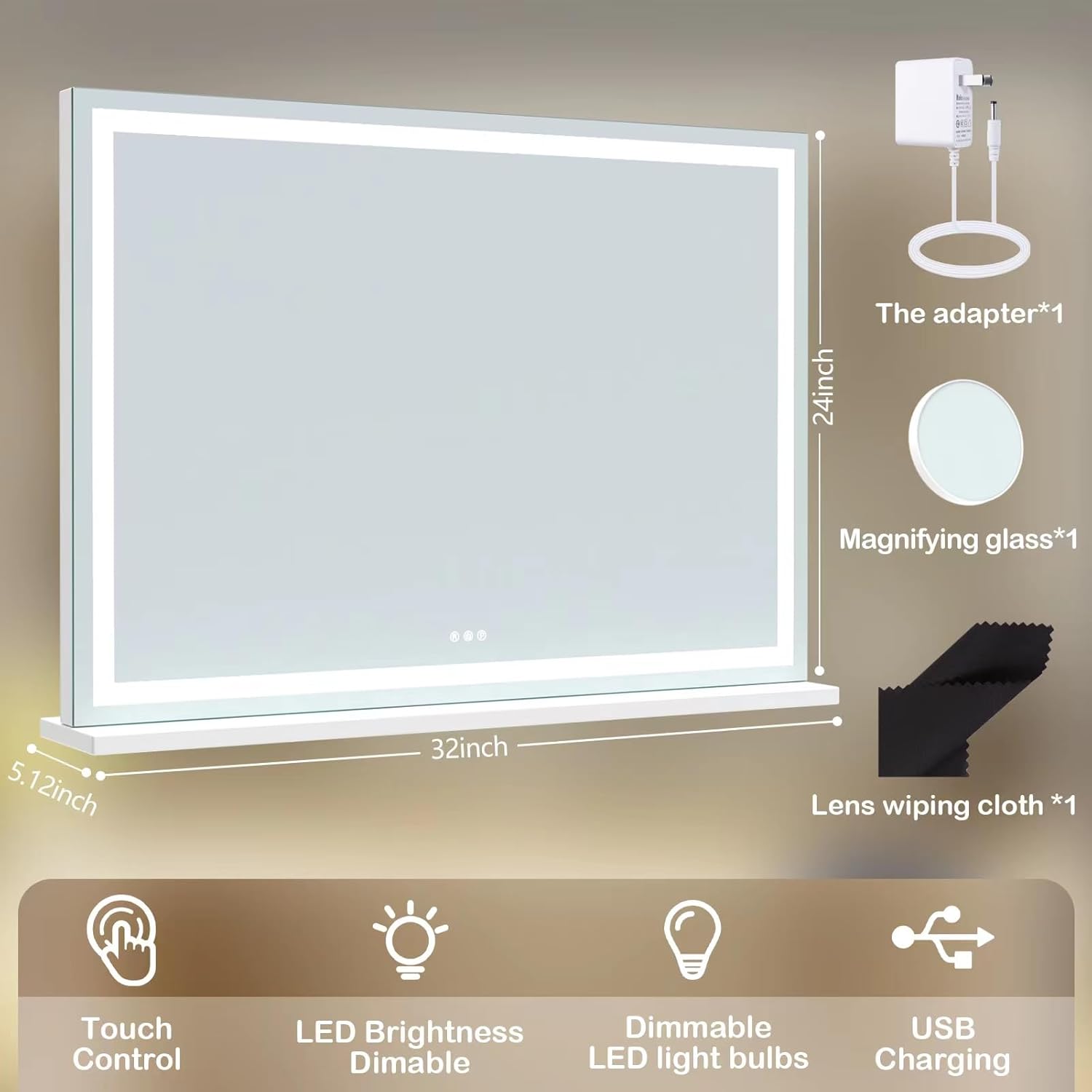 Makeup Vanity Mirror with Lights 32" x 24" Large LED Makeup Mirror, Light up Mirror with 10X Magnification and USB Charging Port, Dimmable 3 Modes, Touch Screen Control Square Corner