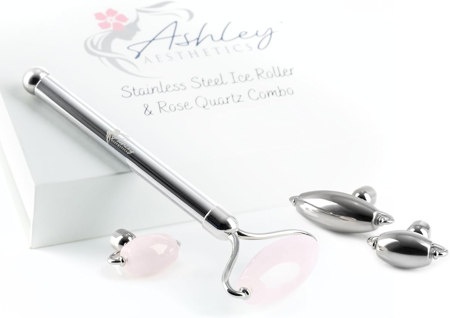 Stainless Steel Ice Roller & Rose Quartz Facial Set | Luxury Skin Care Tools for Lymphatic Drainage, Product Absorption, Skin Tightening, & Relaxation