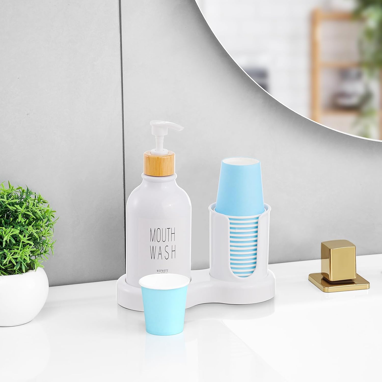 VITVITI Mouthwash Dispenser for Bathroom, Mouth Wash Dispenser Container with Paper Cup Holder, 17OZ Plastic Refillable Pump Mouthwash Bottle Decanter with Tray (White)