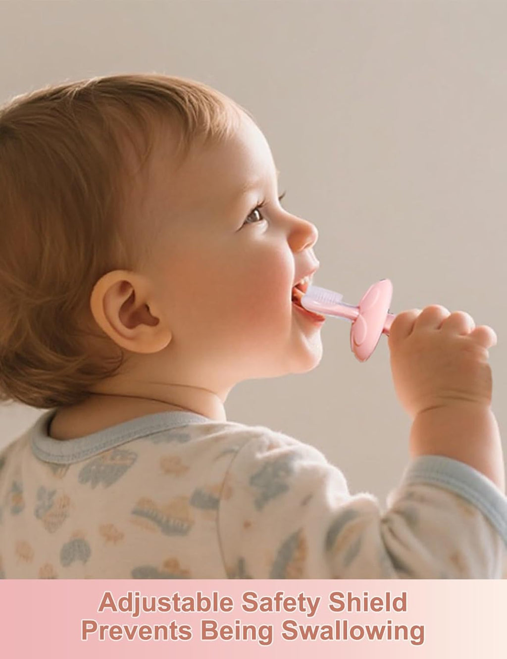 Baby Toothbrush & Teether for Infant and Toddler, Silicone Baby Oral and Tongue Cleaner, Ultra Soft Infant Training Toothbrush with Travel Case, Adjustable Safety Shield - Pink