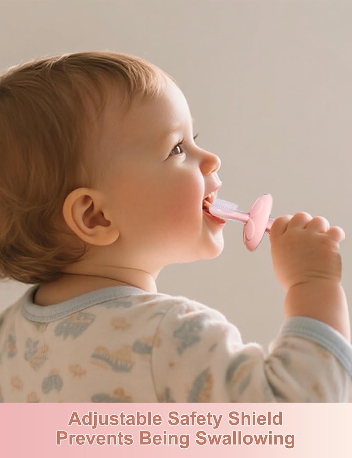 Baby Toothbrush & Teether for Infant and Toddler, Silicone Baby Oral and Tongue Cleaner, Ultra Soft Infant Training Toothbrush with Travel Case, Adjustable Safety Shield - Pink