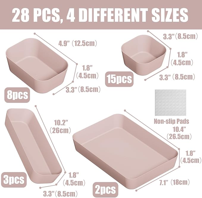 Plastic Drawer Organizers, 28 PCS Drawer Organizer Bins, Bathroom and Vanity Organizer Plastic Tray, Makeup organizer and storage for Makeup, Bedroom, Kitchen Gadgets Utensils and Office