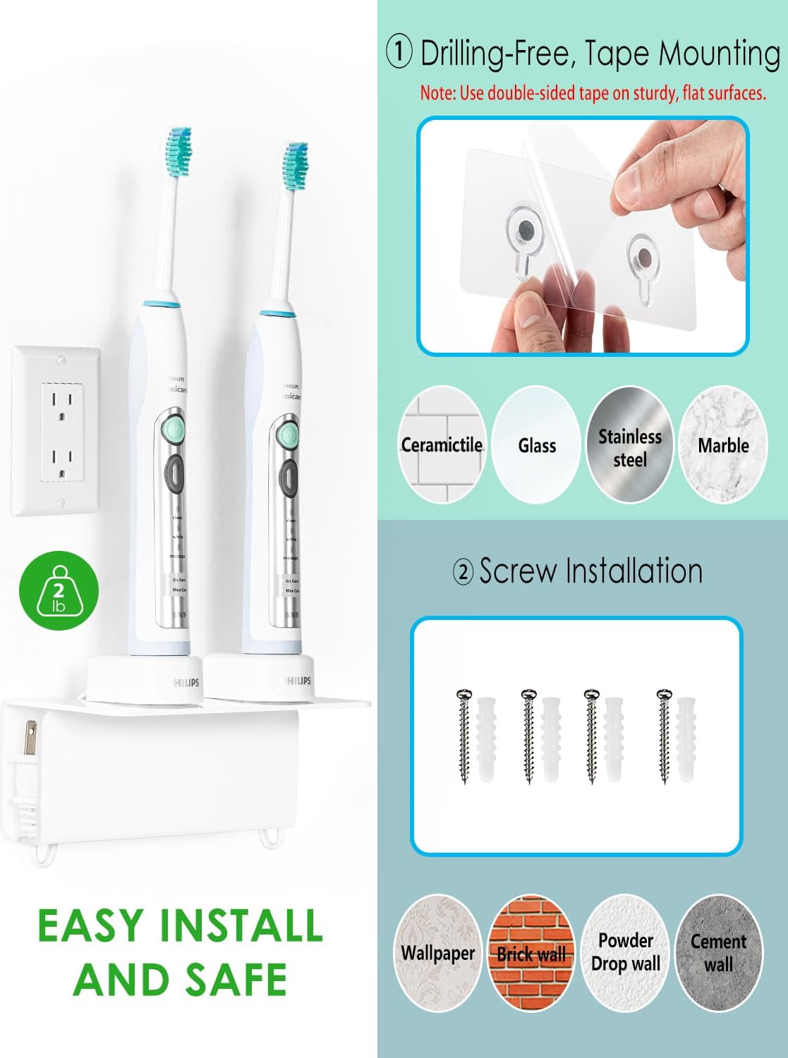 Acrylic Electric Toothbrush Holder for Bathroom, Wall Mounted Electric Toothbrush Holder with Hidden Cable Management, Space-Saving and Convenient for Charging -White-2P