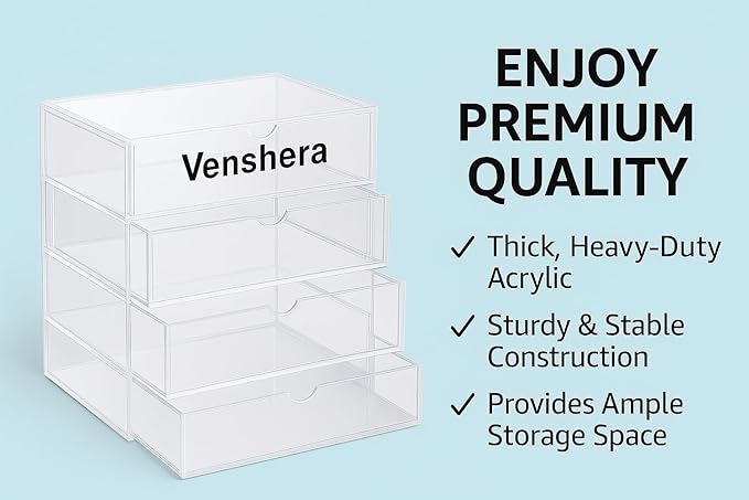 Venshera 4-Drawer Acrylic Organizer – Clear Storage Box with Sliding Drawers for Bathroom, Vanity, Desk, or Makeup. (Clear white)